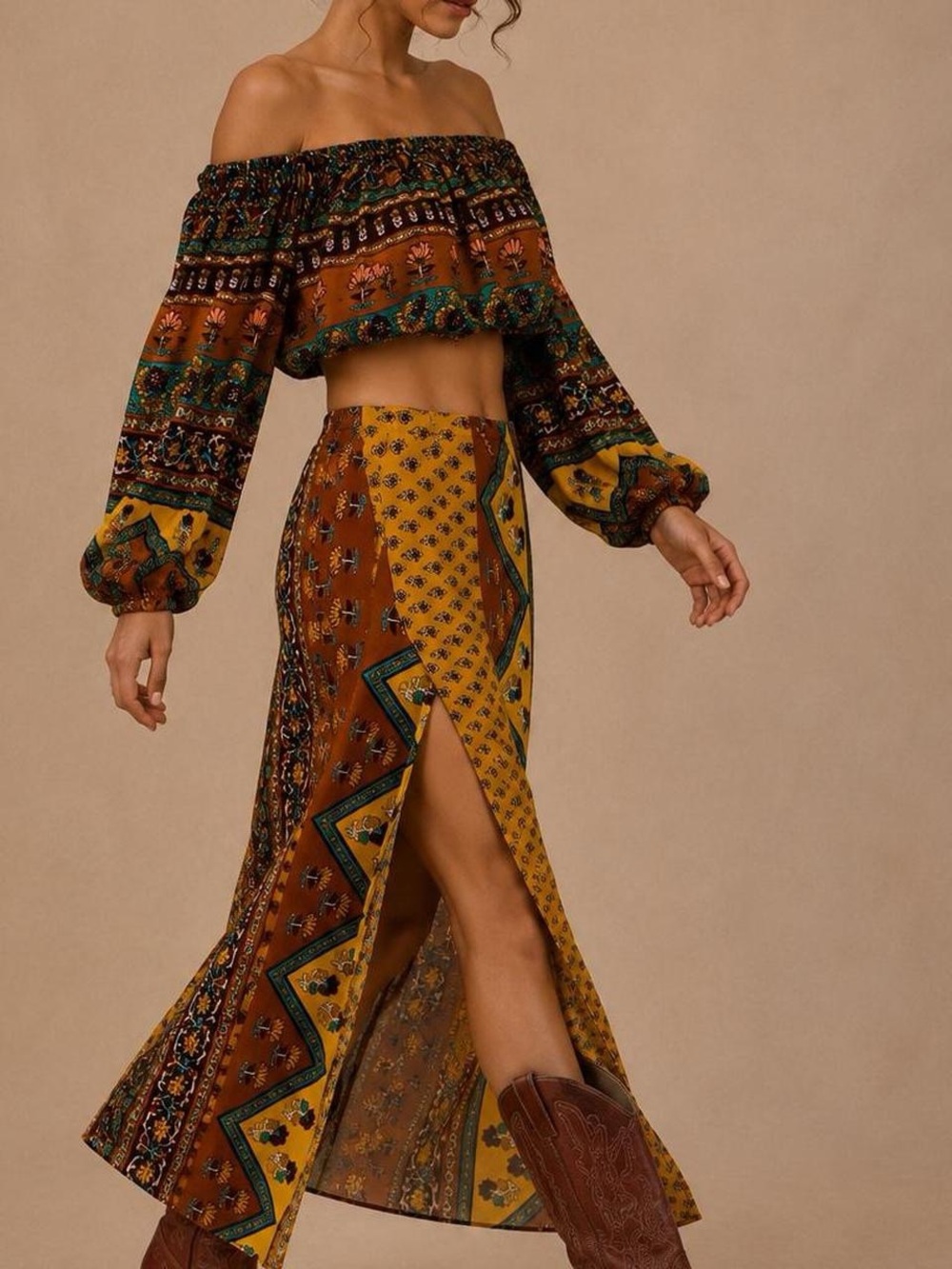 Novella Royal Boho 2 Piece Set Small Patchwork Maxi Skirt Crop Top Festival Y2K